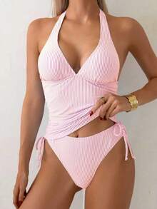 Swim Basics Bộ 2 áo bikini nữ kẻ sọc buộc eo, cổ yếm, có bèo nhún, thích hợp cho kỳ nghỉ hè ở bãi biển. - Hồng - Xem 3