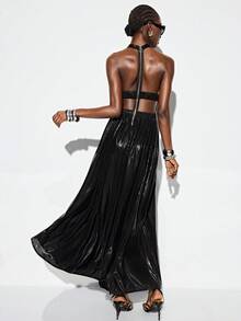 Aveloria GENKIRA Robe métallique à col ras-du-cou et dos nu avec fermeture éclair, en tissu noir brillant, design col Top et dos nu avec fermeture éclair, robe longue ajustée, polyvalente pour soirée urbaine futuriste au printemps/été - Noir - Voir 2