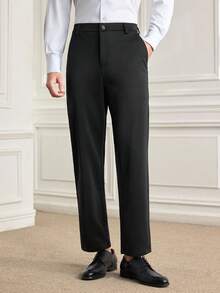 Officeau 男士透气柔软直筒商务休闲裤，修身西装裤，宽松简约风 - 黑色 - 查看 2