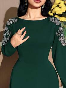 Modelyn Plus Size Elegant Party Sequin Embroidered Dress Fall - Dark Green - View 3
