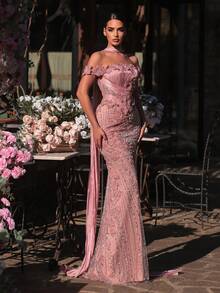Glamrae Đầm dạ hội trễ vai dáng đuôi cá sang trọng, đính cườm và sequin hoa văn, chất liệu chiffon, phù hợp cho đám cưới, sự kiện, tiệc tùng, kỳ nghỉ, dạ hội (được trang trí cầu kỳ). - Bụi hồng - Xem 6