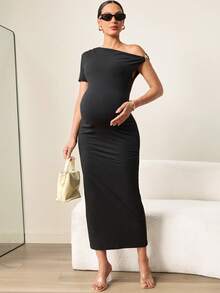 MaterniWear Đầm bầu thanh lịch, lệch vai, lãng mạn, thích hợp cho kỳ nghỉ, du lịch hoặc các dịp thường ngày. - màu đen - Xem 6