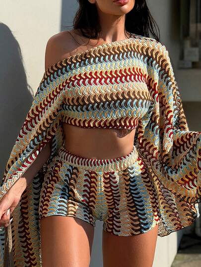 Swim SXY Colorful Knit Loose Off-Shoulder Sexy Long Sleeve Outerwear & Shorts Beach Bikini Set, Women Summer Swimwear