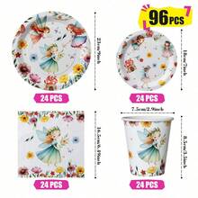 Bộ đồ dùng tiệc dùng một lần Flower Fairy gồm đĩa, khăn ăn và cốc, phục vụ 24 người, thích hợp cho sinh nhật, đám cưới, tiệc theo chủ đề và dã ngoại gia đình. - Xem 10