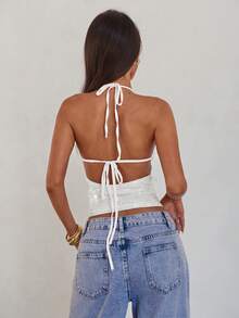Aloruh Women's Spring/Summer New Arrival Pink Sequin Backless Spaghetti Strap Camisole, Elegant Sexy Fashionable For Valentine's Day, Date, Party, Outing - White - View 2