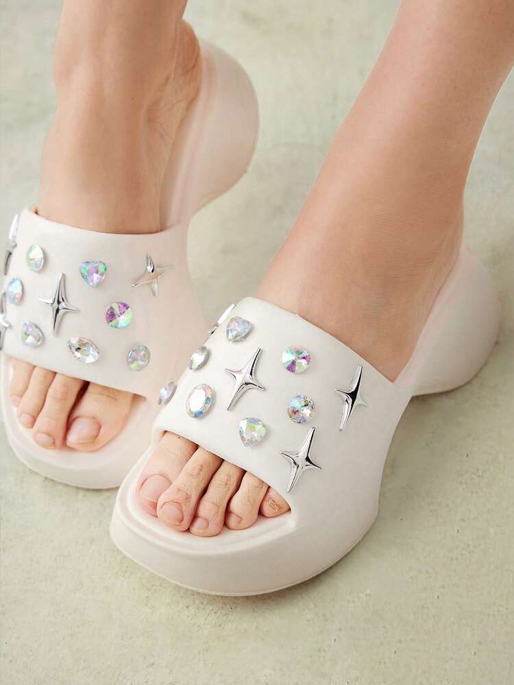 Star Heart & Rhinestone Decorated Summer Casual Anti-Skid Slippers For Summer Vacation Shoes Summer New Year Holiday For Casual Beach Style