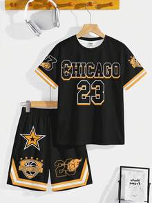 Bộ đồ thể thao tối giản phong cách Y2K dành cho bé trai tuổi teen, lấy cảm hứng từ đường phố, áo thun thể thao, kiểu dáng cổ điển, họa tiết số 23, phong cách retro Mỹ, gồm áo thun cổ tròn tay ngắn và quần short rộng rãi, thoải mái. - Nhiều màu - Xem 2
