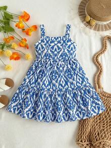 Travachic KIDS Young Girl Floral Print Ruffle Hem Bohemian Style Summer Dress - Blue and White - View 2