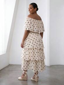 Rochie midi elegantă ELLERISSA Curve cu mai multe straturi, în nuanțe de buline bej, cu umerii goi și volane, rochie casual, ținute de vară, rochie de petrecere, rochii mărime mare pentru femei, ținute de vacanță, ținute de birou, rochie midi cu straturi, rochie pentru invitați la nuntă, rochie vintage retro - Multicolor - Vizualizare 2