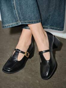 复古玛丽珍女鞋，2025年秋季新款法式优雅粗跟高跟鞋，低帮皮革，优雅 - 黑色 - 查看 1