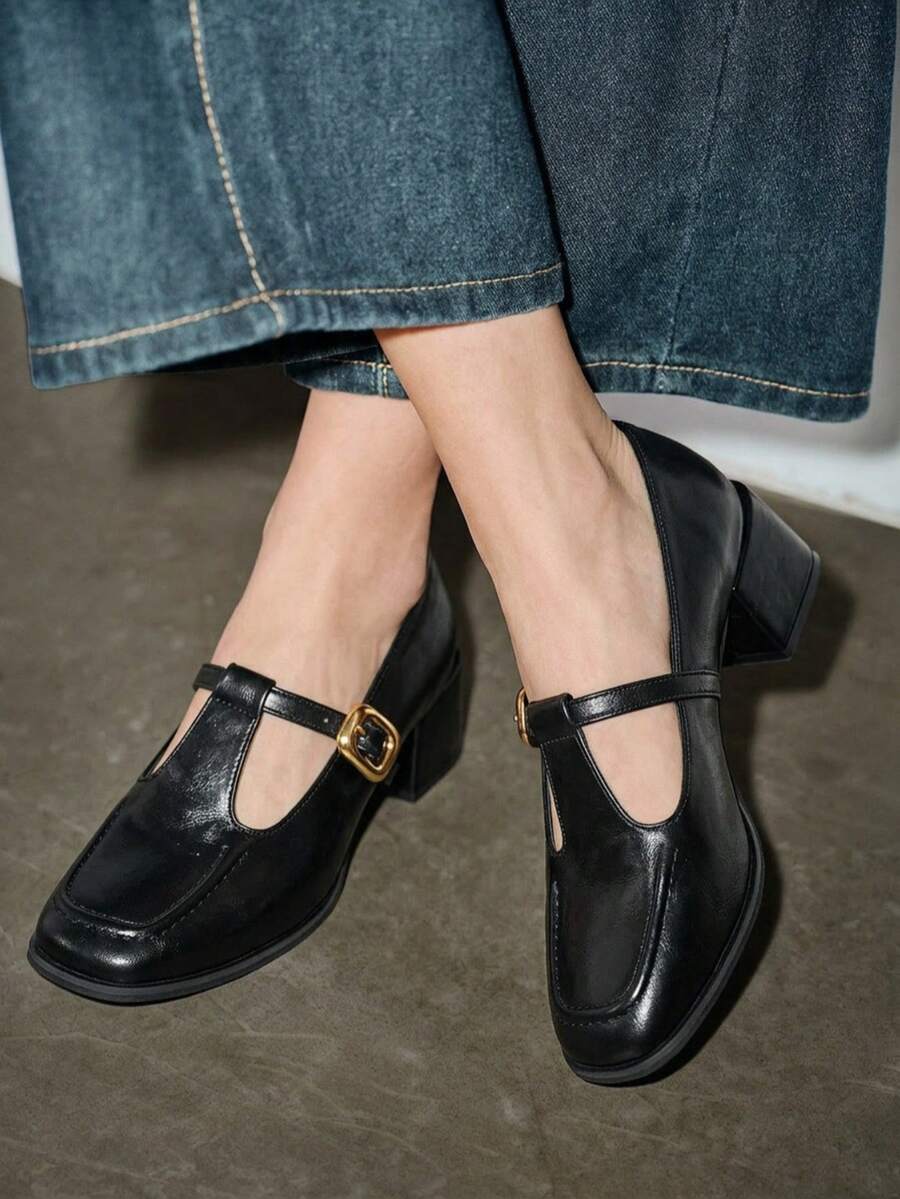 复古玛丽珍女鞋，2025年秋季新款法式优雅粗跟高跟鞋，低帮皮革，优雅 - 黑色 - 查看 1