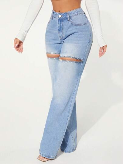 SHEIN Tall 女士休闲水洗镂空水钻装饰直筒牛仔裤