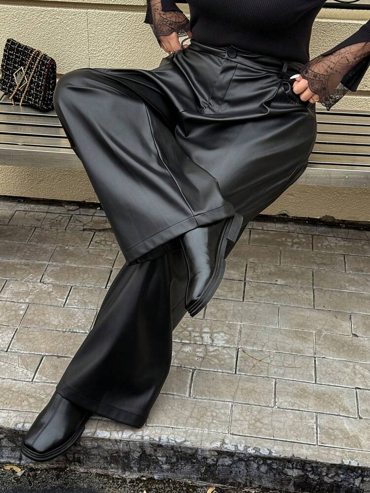 Dazy Plus Fashionable Casual PU Leather Elegant Versatile Plus Size Long Pants
