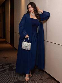 Modelyn Elegant Solid Color Ruched Waist Fitted Dress & Loose Chiffon Long Sleeve Cardigan Two Pieces Set, Plus Size, Spring/Autumn - Navy Blue - View 4