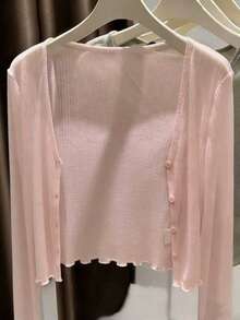 INAWLY 女士纯色长袖单排扣休闲针织开衫 - 粉色 - 查看 3