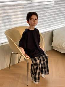 DAZY Tween Boy Solid Color Crew Neck Short Sleeve Top And Plaid Pants Casual Loungewear Pajama Set Summer - Navy Blue - View 7