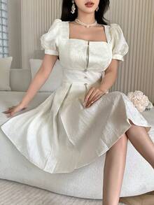 Feyla 女士提花方领花瓣袖优雅短裙 - 杏色 - 查看 5