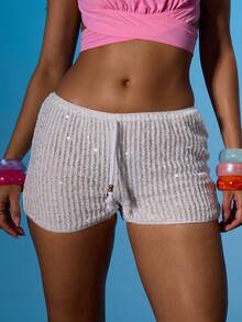 MUSERA Tie Waist Sequin Mini Shorts Summer Sexy Going Out Beach Holiday Ibiza Club Tropical Fever - Coffee Brown - View 1