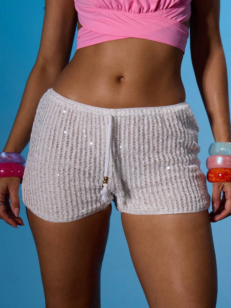 MUSERA Tie Waist Sequin Mini Shorts Summer Sexy Going Out Beach Holiday Ibiza Club Tropical Fever - Coffee Brown - View 1