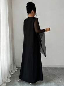 Elenzga Elegantes Damen Patchwork Schleifenkleid mit V-Ausschnitt und weitem Schnitt - Schwarz - Übersicht 2