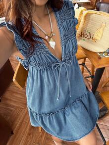 SHEIN Women's Denim Extra Long High Slit Dress - Blue - View 6