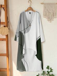 EMERY ROSE Plus Size Casual Contrast Color Block Faux 2-In-1 Dress Fall Clothes - Olive Green - View 6