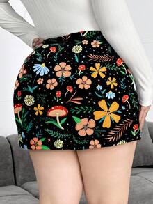 Sweetra Váy quần cỡ lớn dành cho nữ, kiểu dáng họa tiết nấm, xẻ tà phía trước, cạp chữ V. - Nhiều màu - Xem 2