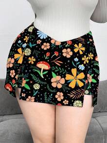 Sweetra Váy quần cỡ lớn dành cho nữ, kiểu dáng họa tiết nấm, xẻ tà phía trước, cạp chữ V. - Nhiều màu - Xem 7