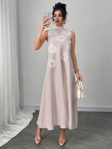 Modelyn Đầm dài dáng chữ A rộng rãi, sang trọng, thời trang dành cho nữ, họa tiết hoa 3D, màu vàng nhạt. - Xám - Xem 4