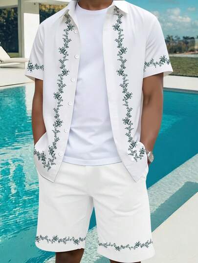 Chillumni Men's Sophisticated White Suit, Delicate Vine Patterned Shirt And Shorts 2-Piece Set, Beachy Resort Style Young Fresh Ditsy Floral 2-Piece Casual Shorts Set, Versatile Leisure Outfit Men's Casual 2-Piece Shorts Set, Comfortable And Versatile