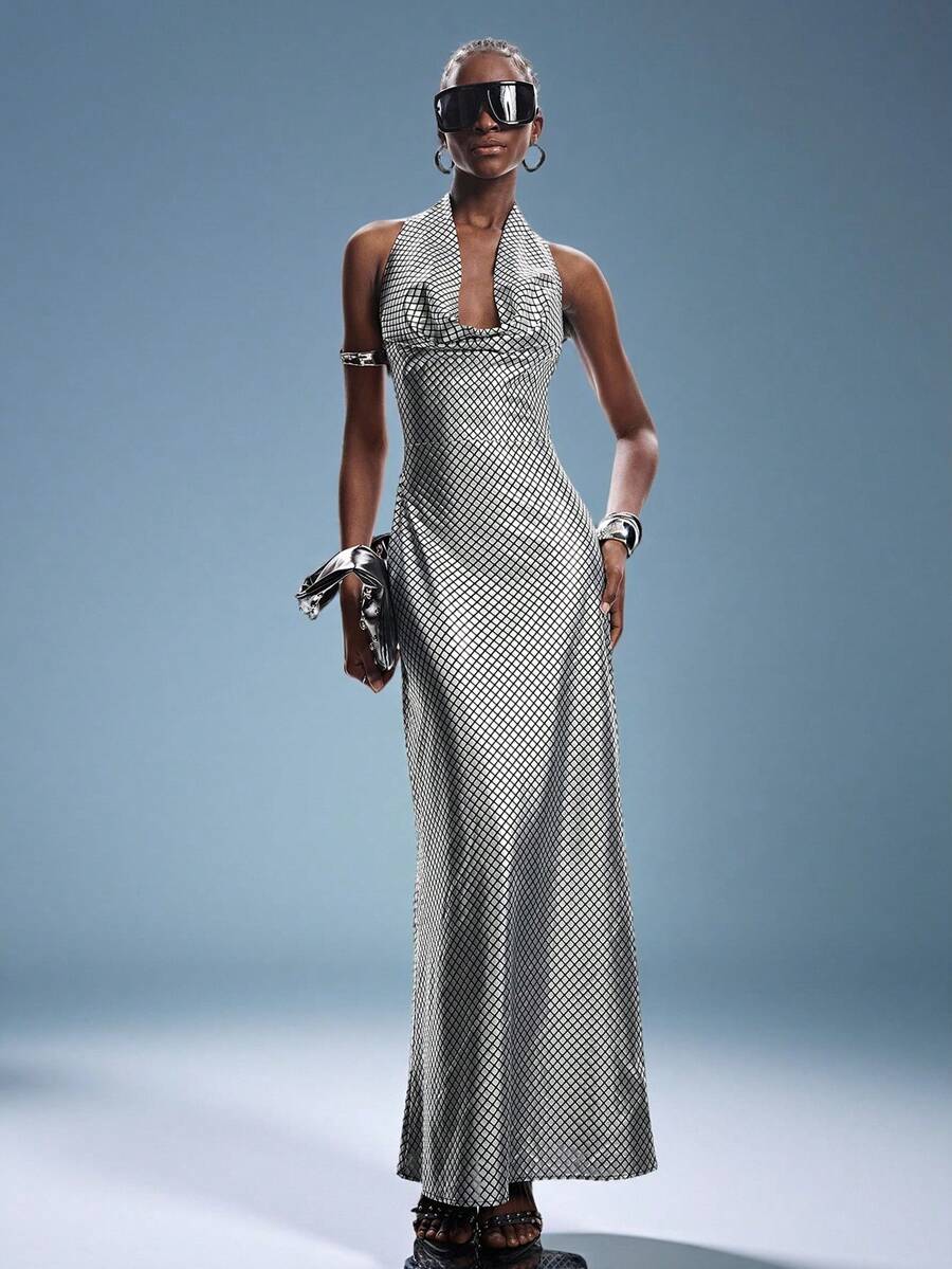 Silver Foil Plaid Backless Draped Neck Dress, Sexy Elegant Vintage Party Versatile Long Dress For Women - Silver - View 1