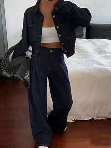 FRIFUL Women's Denim Cropped Jacket With Criss-Cross Back Strap And Wide Leg Jeans Set, Casual City Style For Spring - Dark Wash - View 6