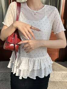 FRIFUL 女士夏季休闲度假波点印花层叠荷叶边薄纱衬衫 - 白色 - 查看 5
