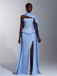 Elitara Elegante vestido azul de lujo con silueta de sirena, bordado 3D romántico con encaje y satén, con abertura alta (incluye cuello halter desmontable), adecuado para bodas, fiestas, galas, vacaciones - Azul - Ver 5