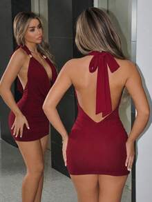 SHEIN ICON Đầm ngắn gợi cảm cổ chữ V khoét sâu, lưng hở, đính kim loại, dành cho nữ, thanh lịch cho buổi tối đi chơi hoặc kỳ nghỉ hè. - Đỏ - Xem 2