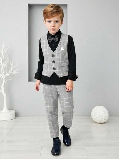2pcs Set Plaid Vest + Pants, Formal Outfit For Boy, Suitable For Birthday Party, Wedding, Christening, Valentine's Day
