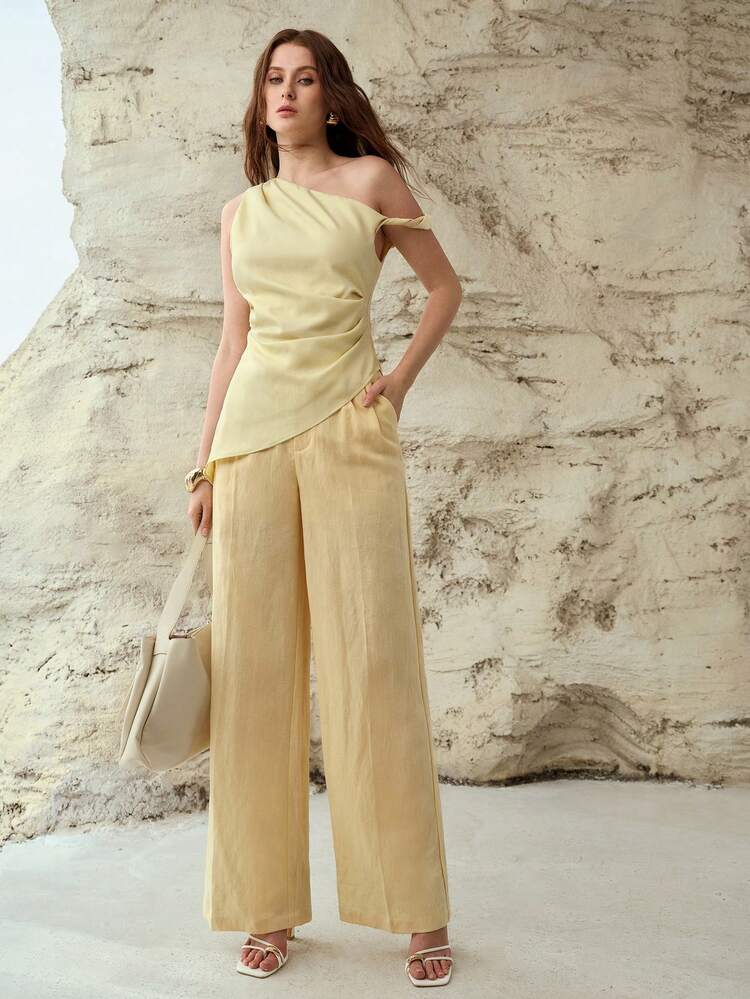LINEN BLEND PLEATED SUIT PANTS, CASUAL COMMUTER WEAR FOR SPRING & SUMMER