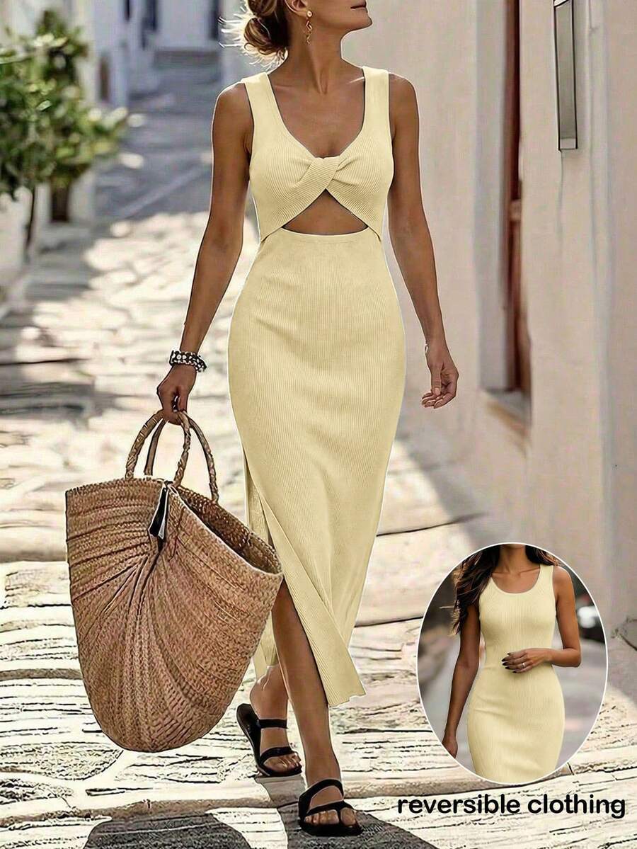 Breezaya 新款夏季性感吊带针织中长连衣裙，欧美风，浅蓝色竖条纹，无袖，修身剪裁，露背扭结镂空设计，法式优雅气质，适合约会、通勤、度假、正式场合。 - 淡黃色 - 查看 1