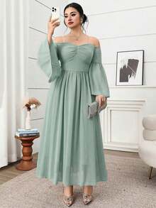 Modelyn Đầm cỡ lớn thanh lịch màu trơn trễ vai tay xòe - màu xanh lá - Xem 6