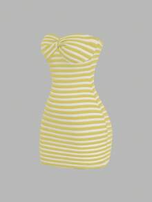 Sweetra Plus Size Women's Summer Beach Vacation Colorblock Striped Pattern Twist Front Bodycon Tube Dress - Light Yellow - View 1