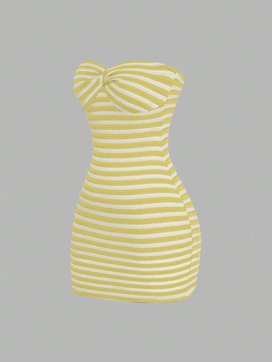 Sweetra Plus Size Women's Summer Beach Vacation Colorblock Striped Pattern Twist Front Bodycon Tube Dress - Light Yellow - View 1