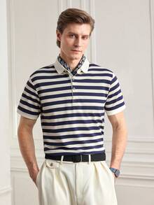 Officeau Knitted Men's Striped Polo Shirt - Fashionable & Comfortable - Knitted - Navy Blue - View 1