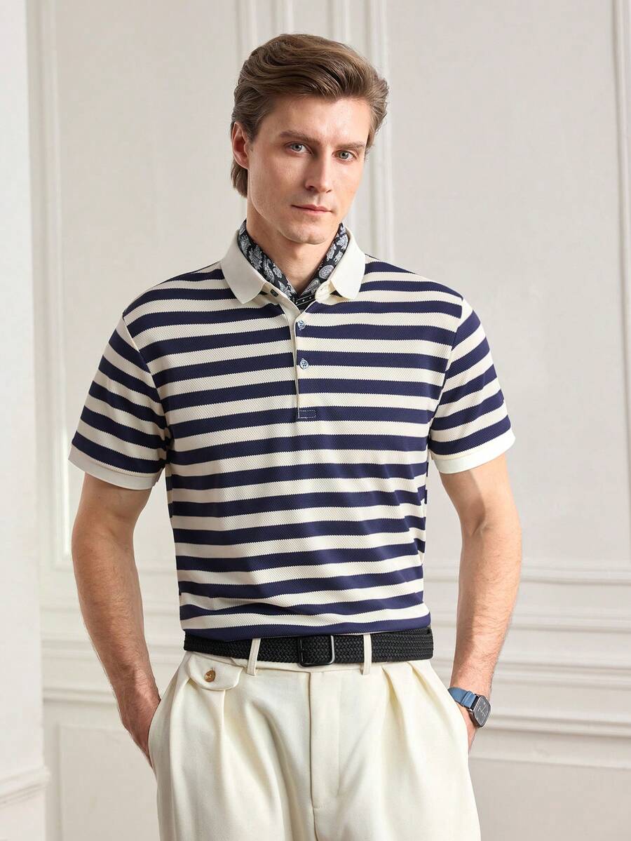 Officeau Knitted Men's Striped Polo Shirt - Fashionable & Comfortable - Knitted - Navy Blue - View 1