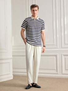 Officeau Knitted Men's Striped Polo Shirt - Fashionable & Comfortable - Knitted - Navy Blue - View 4