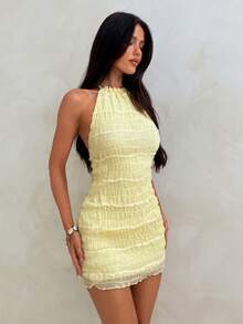 Aloruh Đầm ngắn gợi cảm hở lưng cổ yếm, xếp ly, có họa tiết dành cho nữ, thích hợp cho kỳ nghỉ xuân hè, lãng mạn và hẹn hò. - Màu be - Xem 8