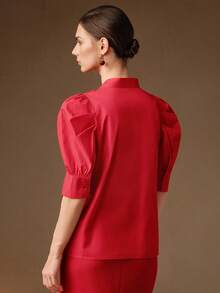 Anewsta 女士春季蝴蝶结泡泡袖优雅衬衫 - 紅色 - 查看 2