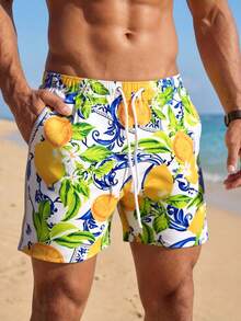 Horizaway 男士柠檬印花休闲沙滩短裤 - 彩色 - 查看 3