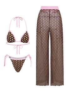 Swim SXY Bộ đồ bơi 3 món dành cho nữ: Áo hai dây cổ yếm chấm bi và quần ống rộng xuyên thấu, bikini gợi cảm cho kỳ nghỉ biển, quần chấm bi, quần che phủ bikini chấm bi, bộ 2 món xuyên thấu, một bộ đồ bơi nữ. - Nhiều màu - Xem 3