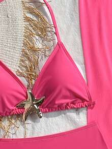 Girls' 3 PiecesBikini Swimsuit, Solid Pink Fabric, High Elasticity Mesh, Metal Decor, For Beach Party Holiday Swimming - Hot Pink - View 3