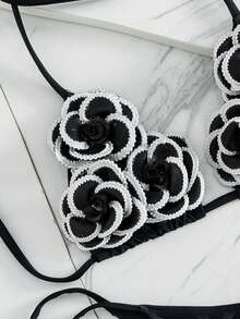 Swim Mod Summer Vacation Sexy Solid Color Patchwork Petal Micro Triangle Bikini Set - Black - View 6